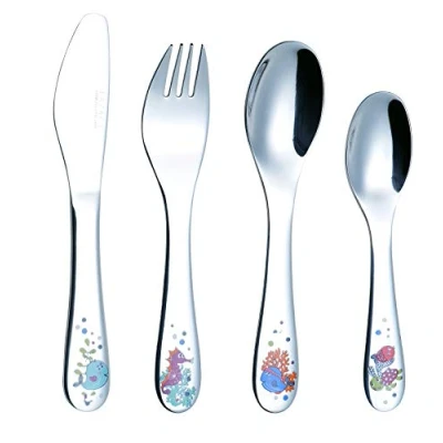 Immagine di Exzact Posate per Bambini 4 PZ in Acciaio Inox 1x Coltello, Forchetta, Cucchiaino, Cucchiaio Serie Independent Designer. Creature Marine Adorabili, Levigatura a Specchio (Mare)
