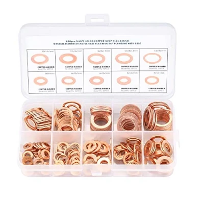 Immagine di Rondelle Acciaio, Guarnizioni O&#039;Ring, Set di 200 Piatte in Rame, Metrica Piatta, Tenuta per Sistemi Idraulici, Fissaggi a Vite M5 M6 M8 M10 M12 M14