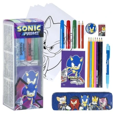 Immagine di Set di cancelleria ispirato a Sonic Prime Colore blu 11 x 24 9,5 cm Include tutto il necessario per colorare Prodotto originale progettato in Spagna