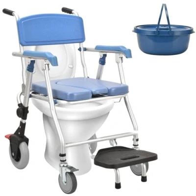 Immagine di VFDZ Sedia Comoda WC per Anziani, Doccia Disabili con Ruote, Multifunzione a Rotelle Pieghevole Braccioli, Carrozzina e Anziani (Blu)