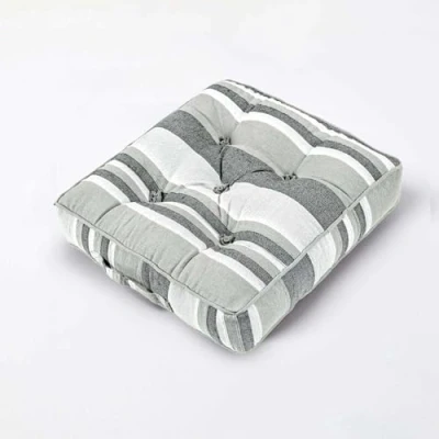 Immagine di HOMESCAPES Cuscino da pavimento in 100% cotone a righe Marocco, grigio monocromatico, 40 x 8 cm, quadrato, per interni e giardino, sedia pranzo