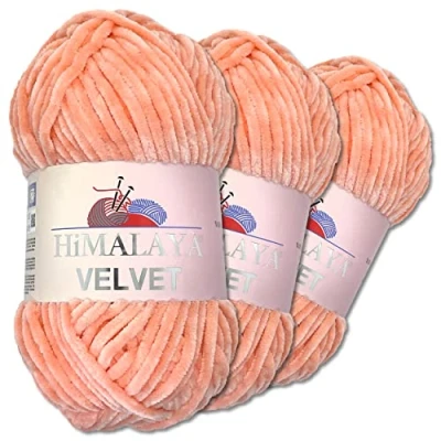 Immagine di Wohnkult Himalaya Velvet Dolphin Gomitolo di lana per lavorare a maglia, ciniglia soffice, accessori, indumenti e coperte, 40 colori scelta, 3 pezzi da 100 grammi l’uno (90023 color pesca)