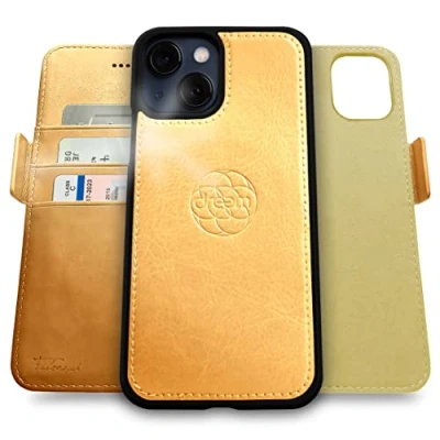 Immagine di dreem Fibonacci compatibile con iPhone 13 custodia a portafoglio/custodia antiurto 2 in 1 e folio pelle vegana staccabile, MagSafe, protezione RFID [Oro]