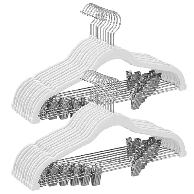 Immagine di SONGMICS Grucce Pantaloni con Pinze, 10 Pezzi, Appendiabiti in Velluto, 42,5 cm, Appendini Pinze Regolabili, Salvaspazio, Antiscivolo, per Gonne, Cappotti, Bianco CRF012W10
