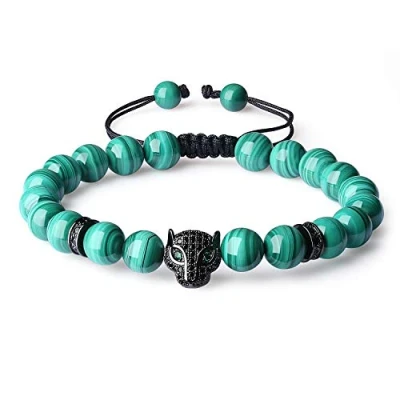 Immagine di COAI Bracciale da Uomo Regolabile in Malachite con Amuleto Leopardo Zirconi, di Ispirazione Shamballa Pietre Semi preziose