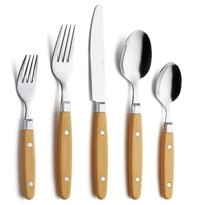 Immagine di Annova, set di posate in acciaio inox con manico colorato rivetto/posate stile retrò (Ginger Yellow, 20 Pieces)