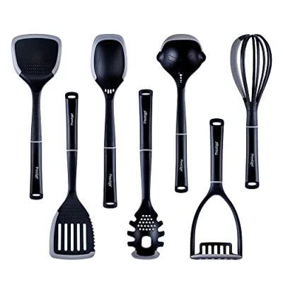 Immagine di Prestige Set di 7 utensili da cucina 2 in 1 con bordi silicone antigraffio, resistenti al calore per proteggere pentole antiaderenti, nero e grigio