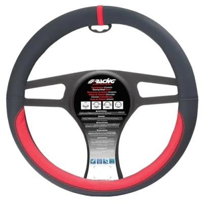 Immagine di Simoni Racing CVT/71 Coprivolante Universale Carrera Red EVO in ecopelle nera con inserti rossi, diametro 37 39 cm