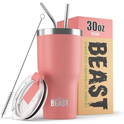 Immagine di BEAST Tazza Termica da Viaggio 900 ml I Fiori Di Pesco Doppia Parete Inox Termos Caffè Isolato con 2 Cannucce Riutilizzabili &amp; Spazzolino per Pulizia Ideale Freddo o Caldo