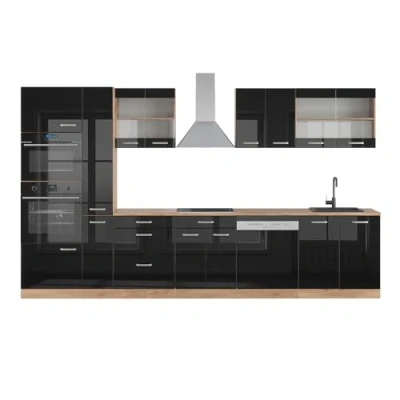 Immagine di Vicco cucina componibile R Line, Nero lucido/Quercia dorata, 350 cm con armadio alto, PL Rovere