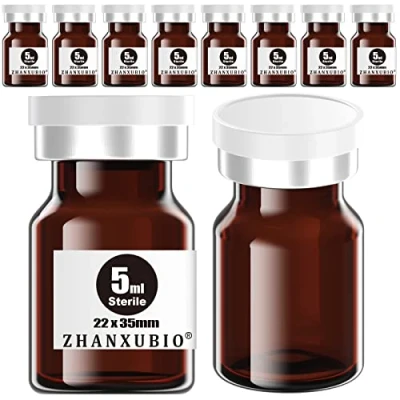 Immagine di ZHANXUBIO Flaconi vuote sterili con porta di iniezione autoguarigione e tappo in plastica alluminio, confezione sterile (5 ml ambra 10 pezzi)