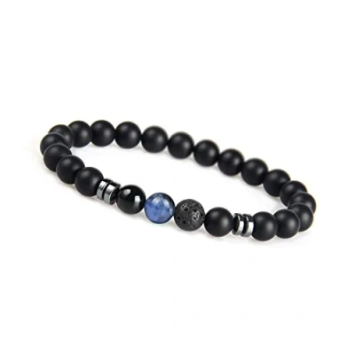 Immagine di GD GOOD.designs Bracciale uomo con pietra lavica nera da 8 mm perline di onice I elastico a sfera per in pietre naturali autentiche (Blu)