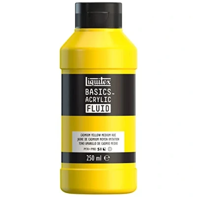 Immagine di LIQUITEX 8870433 Basics Fluid, pitura acrilica Di consistenza fluida, asciugatura rapida, resistente alla luce, impermeabile, a base d&#039;acqua, flacone da 250 ml, Giallo Cadmio Medio Tonalità