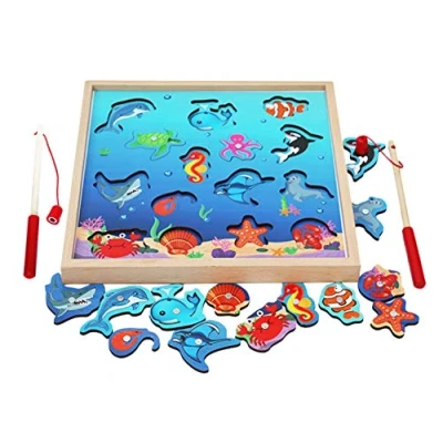 Immagine di TOWO Gioco da Pesca in Legno Magnetico include 15 Sagome con Calamita e due Canne Divertente Puzzle Apprendimento Catena Alimentare Per Bambini di 3 Anni