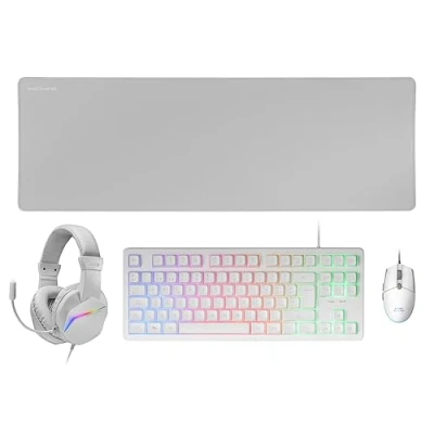 Immagine di Mars Gaming MCP RGB3, Pack Tastiera Fixed RGB + Mouse Flow 3200 dpi Cuffie Over Ear Tappetino XXL, Bianco, Lingua spagnola