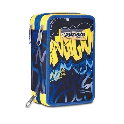 Immagine di Seven Astuccio Scuola 3 Zip, Blu Giallo, Portapenne Triplo Scomparto Completo Di Penne, Matite, Colori, Accessori Zaino, Elementare, Bambino