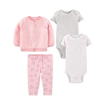 Immagine di Simple Joys by Carter&#039;s 4 Piece Jacket, Pant, And Bodysuit Set Layette, Bianco Cuori/Grigio/Rosa/Gatti, 12 Mesi Bambino Ragazze