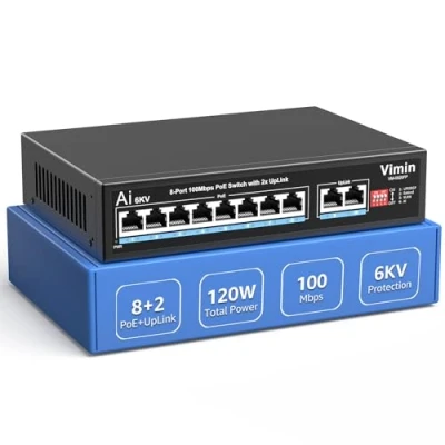Immagine di Switch PoE a 10 Porte con 8 PoE, VIMIN non Gestite di Rete 10/100 Mbps 2 Uplink, Watchdog AI, VLAN, Estensione Fino 250 m, Supporto IEEE802.3af/at, 120 W