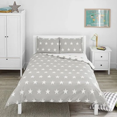 Immagine di Bloomsbury Mill Set Copripiumino Piazza e Mezza Grigio &amp; Bianco Stelle Lenzuola Letto Reversibile Per Ragazzi/Ragazee Di Biancheria Da Bambini 200 x 200cm 2 Federe
