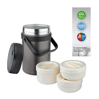 Immagine di Isosteel VA 9683AT Contenitore Alimentare sottovuoto, 1,5 Litri, in Acciaio Inox 18/8, con 3 contenitori plastica, Adatti al microonde, Grigio Titanio