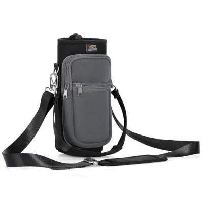 Immagine di Nuovoware Borsa per Borraccia in Neoprene da 25oz/710ml, Custodia Bottiglia con Tracolla Regolabile Maniglia e Tasche Portatile Porta Ciclismo, Campeggio, Nero/Grigio