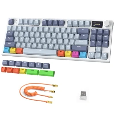 Immagine di RK86Pro Tastiera Meccanica Wireless 75%, da Gioco 2.4G/BT5.0/USB C Cablata, TKL 87 Tasti, Display a Colori TFT HD 1,2&#039;&#039; e CNC Knob, Linear Switch Hot swap RGB Backlit PBT Keycap BluB
