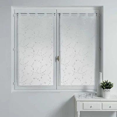 Immagine di Douceur d&#039;Intérieur. Coppia di tende dritte con passanti, 60 x 160 cm, velate, sabbiate, ricamate piccoli fiori, colore: bianco.