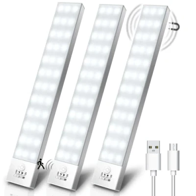 Immagine di Led Armadio Luce con sensore di movimento 5000K, Bianca 4 Modalità Sottopensile Notturna USB Ricaricabile, Striscia per Cucina,Corridoio 23cm*3 Pezzi