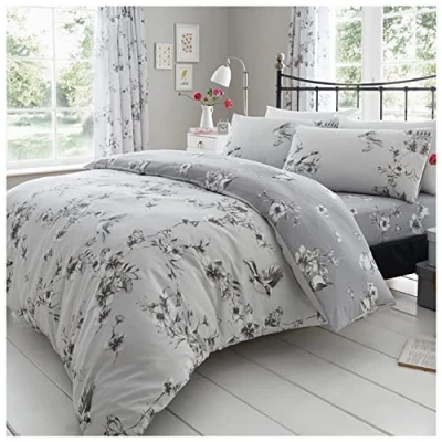 Immagine di GC GAVENO CAVAILIA, Set copripiumino matrimoniale in policotone, double face, con motivo floreale e uccelli, colore grigio, facile da pulire, morbido confortevole, federe abbinate