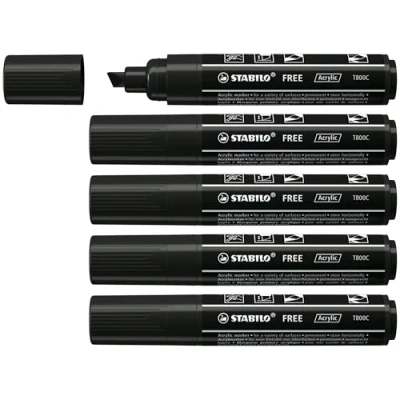 Immagine di Marker acrilico STABILO FREE Acrylic T800C Punta a scalpello 4 10mm Confezione da 5 Nero