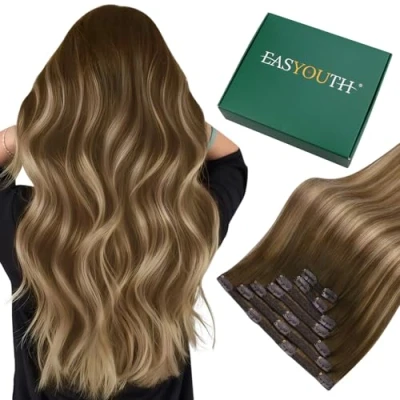 Immagine di Easyouth Extension Clip Capelli Veri Umani Balayage Colore Castano Medio Mix Biondo e 7Pcs 45 cm 120g