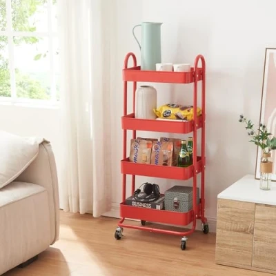 Immagine di [en.casa] Carrello da Stoccaggio in Acciaio con 4 Contenitori Sovrapposti e Ruote Organizzatore Multiuso per Casa Ufficio Garage Rosso