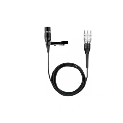 Immagine di microfono lavalier nero, cardidido a condensatore clip per sistemi wireless Audio Technica, mini spina Hirsoe 4 pin
