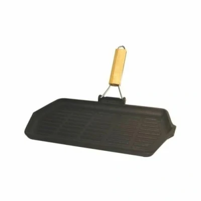 Immagine di Baumalu 388017 Grill Rettangolare, Ghisa/Manico in Legno, per Tutte Le fonti di Calore Compresa l&#039;induzione, Nero, 33.5 x 19.5 cm
