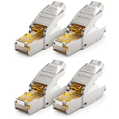 Immagine di deleyCON 4x CAT 8 Connettore di Rete RJ45 a Sgancio Rapido con Schermatura 40 Gbit/s Spina per la Posa Rigidi Cavi Grezzi Ethernet LAN Cavo Patch DSL