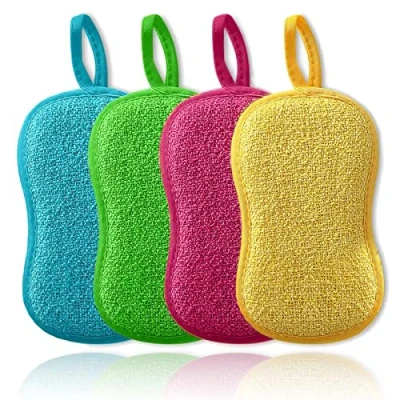 Immagine di 4 pezzi Spugna Lavabile Riutilizzabile, in Microfibra a Doppia Faccia per Piatti da Cucina, Fornelli, Pentole e Padelle