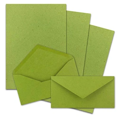 Immagine di FarbenFroh by Gustav Neuser Set di 25 fogli carta kraft da lettere formato DIN A4 con buste lunghe, incollaggio a umido, colore: verde chiaro, e in riciclata