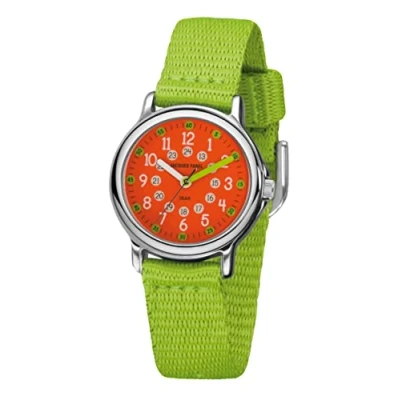 Immagine di JACQUES FAREL KCF 090 Orologio da polso per bambini, analogico, al quarzo, con cinturino in tessuto, extra morbido, verde chiaro, arancione, verde, Classico