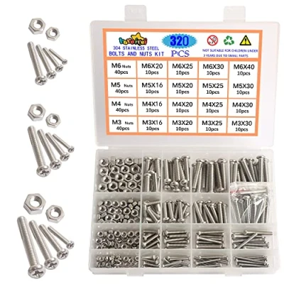Immagine di huruirui Dado e Bulloni Set M3 M4 M5 M6 304 Acciaio Inox Hex Bullone a Trasversale Testa di Pan Viti Dadi Kit Macchina Con Scatola Stoccaggio 320PCS