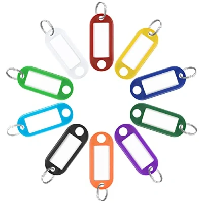 Immagine di Uniclife 40 Pezzi Targhette Portachiavi 5 cm di Plastica Morbida con Etichetta Carta Vuota Pellicole Protettive per Finestre Trasparenti e Anelli Divisori, 10 Colori