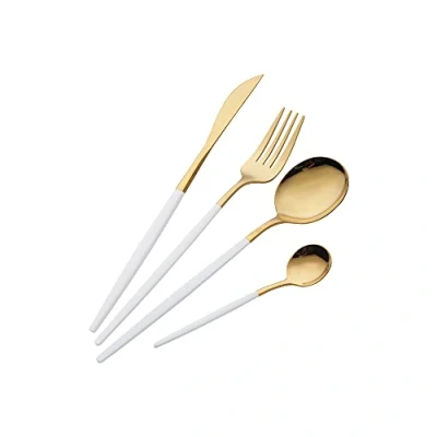 Immagine di OUQIWEN Set di posate da 16 pezzi,set bianca e oro,set in acciaio inossidabile,servizio per 4,Compreso forchetta/cucchiaio/coltello/cucchiaino (Platino)
