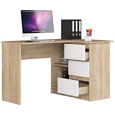 Immagine di BDW scrivania angolare destra, 3 cassetti e 2 ripiani, ampio spazio per l&#039;apertura, camerette, uffici studi, angolare, ufficio 124x77x85 cm, quercia Sonoma/bianco