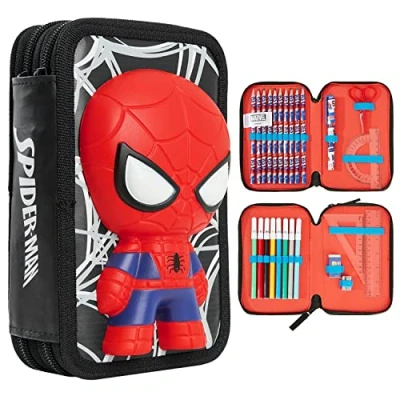 Immagine di Marvel Astuccio Scuola Porta Penne Completo di Set Cancelleria 3 Scomparti Bambino e 2 Gadget Spiderman Avengers Ufficiale Regalo Back to School (3D Spiderman)