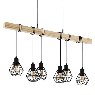 Immagine di Eglo lampada a sospensione Townshend 5, plafoniera vintage 6 punti luce, dal design industriale, appesa retrò in acciaio e legno, nero, marrone, E27