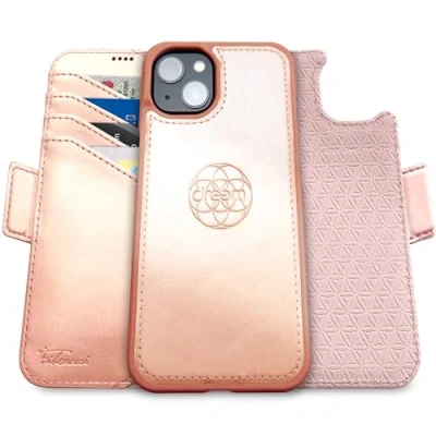 Immagine di dreem Fibonacci compatibile con iPhone 15 Plus custodia a portafoglio/custodia antiurto 2 in 1 e folio pelle vegana staccabile, MagSafe, protezione RFID [Rosa]