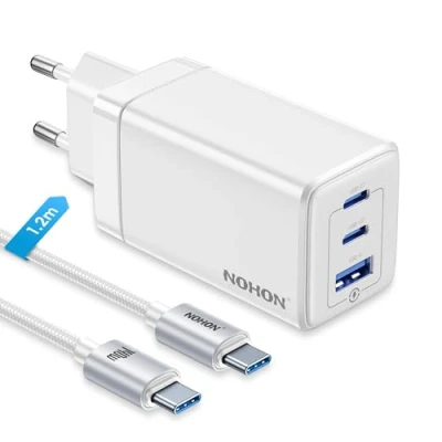 Immagine di NOHON Caricatore USB C Rapido Caricabatterie: 65W GaN Alimentatore PD 3.0 con Cavo Tipo Ricarica 140W 1.2M 3 Porte Compatibile iPhone 12 13 14 15 Macbook iPad Xiaomi Galaxy S23 (Bianco)