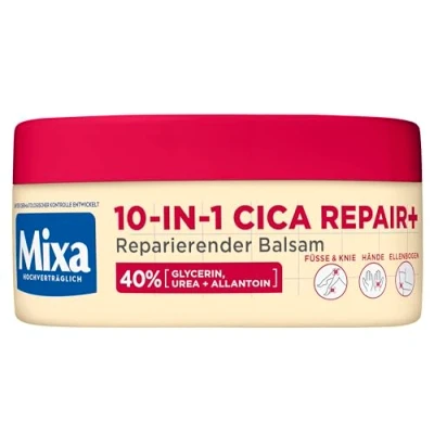 Immagine di Mixa Balsamo riparante 10 in 1 Cica Repair+ con 40% glicerina, urea e allantoina per piedi, ginocchia, mani gomiti, 150 ml