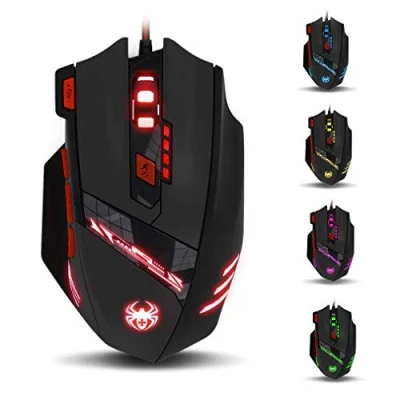 Immagine di zelotes Mouse da gioco T90, risoluzione9200 DPI, 8 pulsanti, luci LED multimodali, attacco USB, regolamento del peso, per computer portatile, desktop, PC e MacBook, colore nero