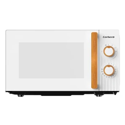 Immagine di Corberó Microonde 20 litri CMICG270WOODW potenza 700 W Sbrinamento 5 livelli di Controllo meccanico Timer 35 min Piatto girevole 255 mm Apertura con pulsante, Bianco