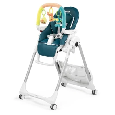Immagine di Peg Perego Prima Pappa Follow Me Plus Seggiolone e Sdraietta Neonato, Dalla Nascita, Regolabile in Altezza, 4 Ruote, Barra Gioco, Doppio Vassoio, Rivestimento Ecopelle, Chiusura Compatta, Petrolio